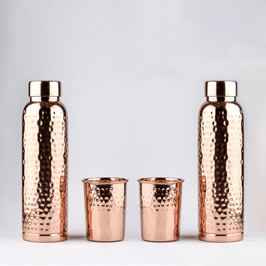 Hammered Copper Gift Set - 2 Bottles & 2 Mugs